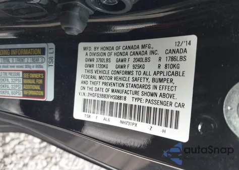 2015 Honda Civic Ex z USA, uszkodzony, nr VIN 2HGFG3B83FH508818